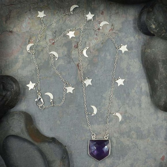 Amethyst Pentagon Pendant on Moon and Star Chain - Picture 2 of 2